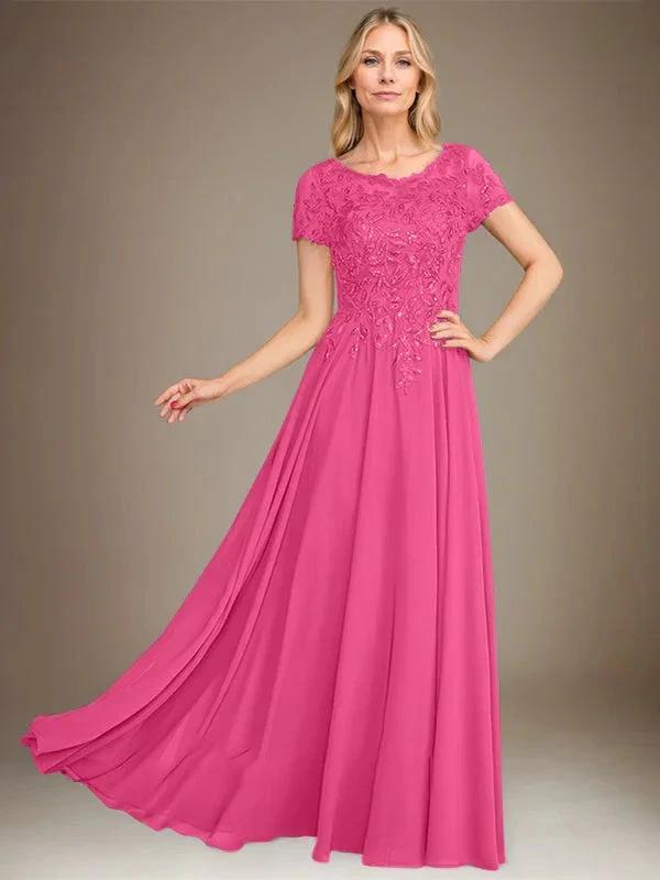 A-Line Scoop Floor-Length Chiffon Mother of the Bride Dress With Applique & Sequins by Dreamylily