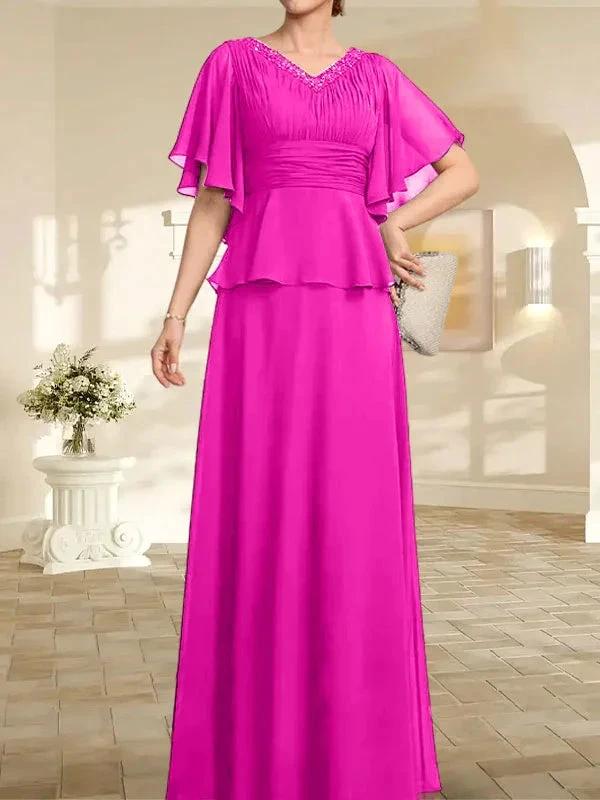 A-line V-Neck Floor-Length Chiffon Mother of the Bride Dress With Pleated Beading by Dreamylily