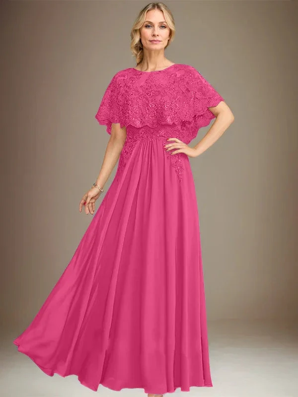 A-line Boat Neck Floor-Length Lace Chiffon Mother of the Bride Dress With Applique Sequins by Dreamylily