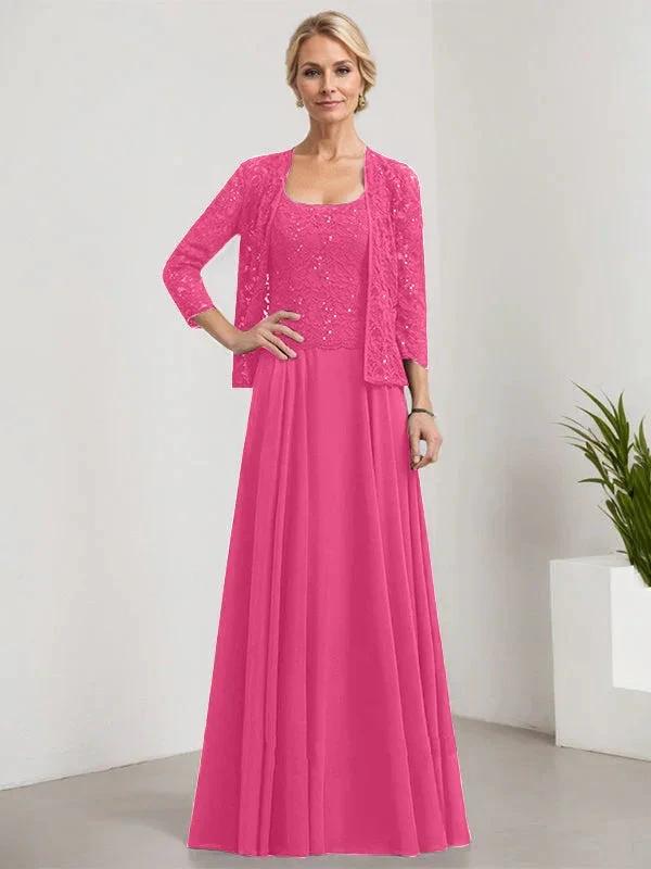 A-line Square Floor-Length Lace Chiffon Mother of the Bride Dress With Sequins by Dreamylily