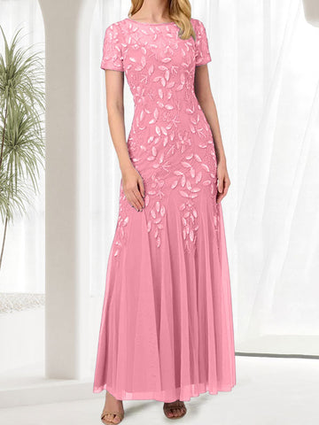Vestido largo de sirena azul con cuello redondo para madre de la novia con cuentas