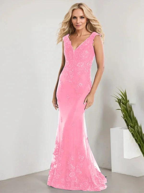 A-line V-Neck Floor-Length Lace Chiffon Mother of the Bride Dress With Applique Sequins Mermaid Dresses by Dreamylily