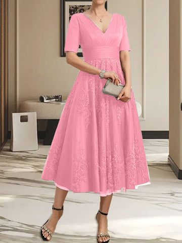 A-line V-Neck Tea-Length Tulle Lace Mother of the Bride Dress With Pleated