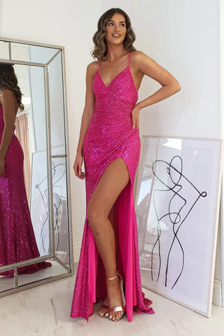 Glitzerndes Abendkleid, funkelndes Ballkleid mit Schlitz