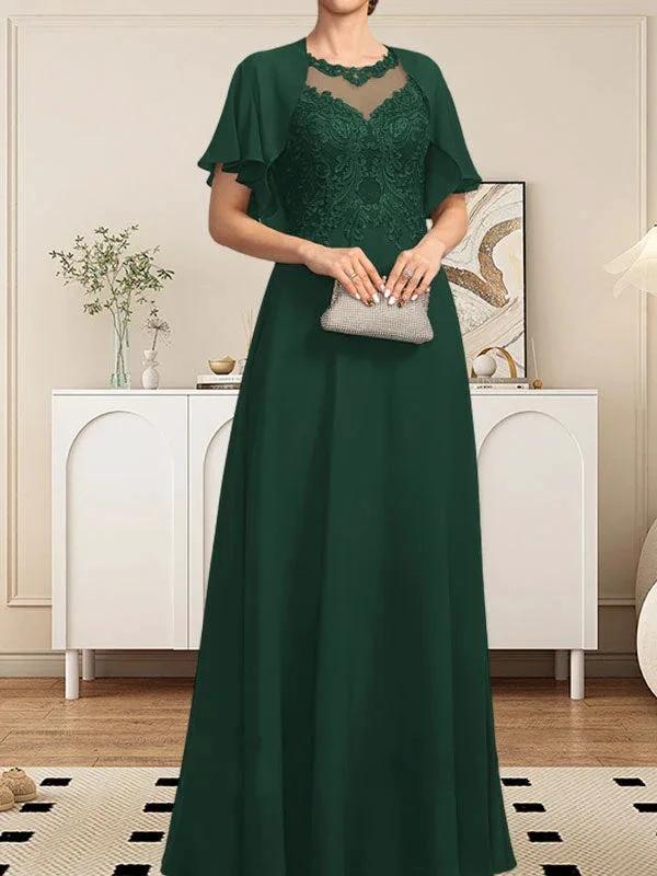 A-line Scoop Illusion Floor-Length Lace Chiffon Mother of the Bride Dress With Sequins by Dreamylily