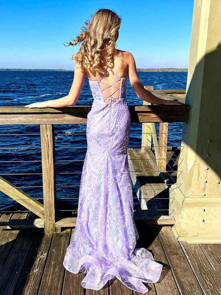 Charming Mermaid Spagehtti Straps Lilac Lace Sequin Long Prom Dress Evening Dress Y8235 by simplepromdress