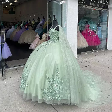 Vestido de fiesta verde salvia con apliques, vestido de quinceañera Y2319