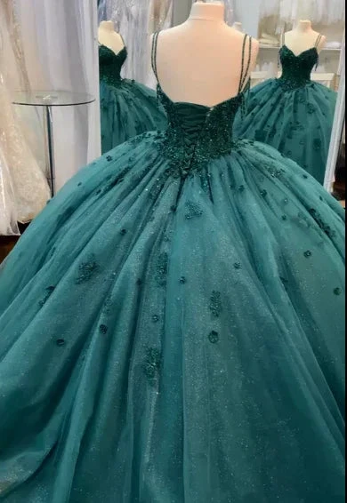 Ball Gown Beaded Quinceanera Dress Spaghetti Straps Emerald Green Sweet 16 Dress Y1621 by simplepromdress