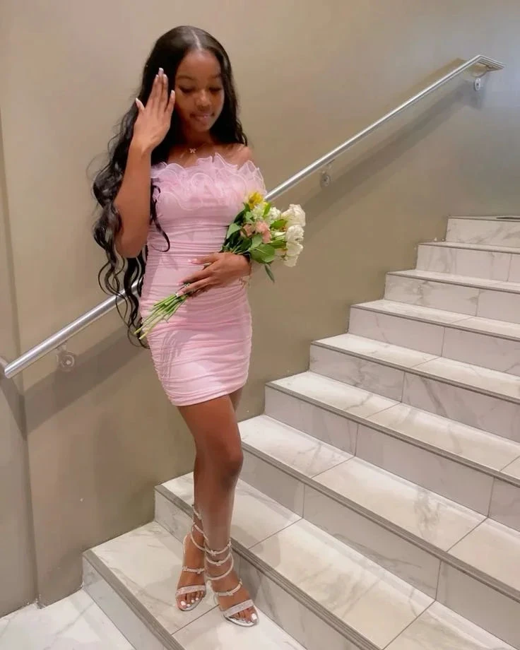 Cute Pink Ruffles Strapless Homecoming Dress Sheath Mini Prom Dress Y7963 by simplepromdress