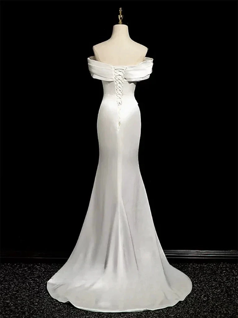 Simple Mermaid Off Shoulder Satin White Long Prom Evening Dress, Formal Wedding Dress Y8047 by simplepromdress