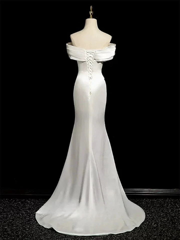 Simple Mermaid Off Shoulder Satin White Long Prom Evening Dress, Formal Wedding Dress Y8047 by simplepromdress