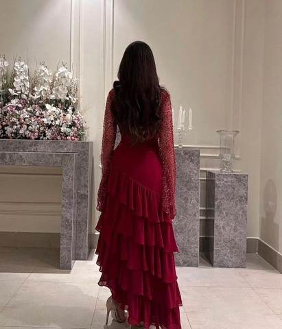 Elegantes Pailletten Chiffon Mehrlagiges Ballkleid Formales Party-Abendkleid Y7736