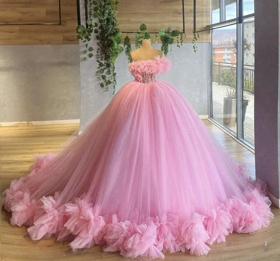 pink prom dresses, ruffle prom dresses, ball gown,puffy prom dresses, tulle evening dresses, new arrival evening dresses Y1492 by simplepromdress