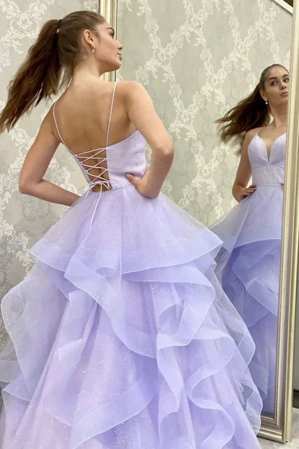 V Neck Backless Fluffy Lilac Long Prom Dress Backless Lilac Formal Evening Dress Y910 by simplepromdress