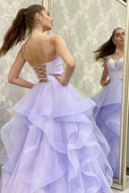 V Neck Backless Fluffy Lilac Long Prom Dress Backless Lilac Formal Evening Dress Y910
