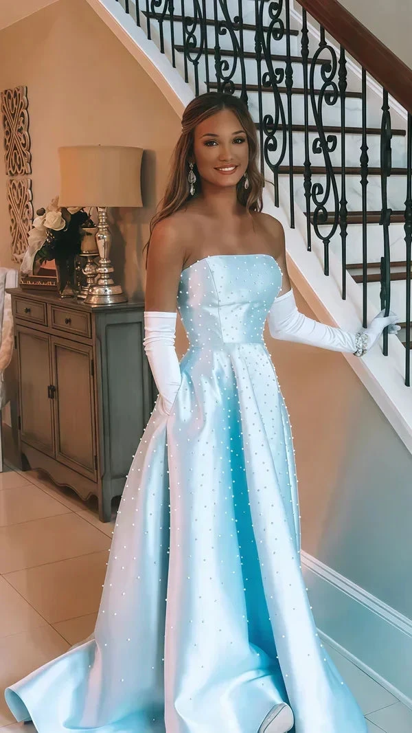 Beautiful Strapless Light Blue Pearl Beaded Birthday Party Dress Formal Prom Evening Dress Y8120 by simplepromdress