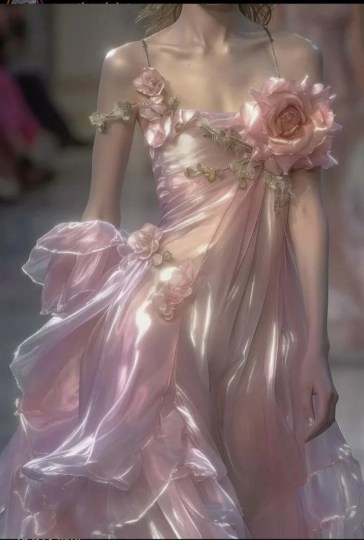 Classy Spaghetti Straps Pink Chiffon Prom Dress Evening Dress With 3D Flowers Y8336 by simplepromdress