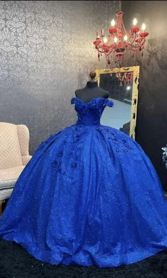 Ball Gown Off The Shoulder Sequin Quinceanera Dresses Royal Blue Sweet 16 Dress 3D Florals Y5564 by simplepromdress
