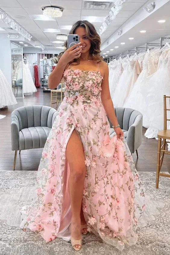 A Line Pink Floral Long Prom Dresses with High Slit Formal Graduation Evening Dresses Y5893 by simplepromdress