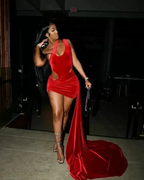 Sexy Red Velvet Party Dress Slit Black Girl Prom Dress Cocktail Dress Y8135 by simplepromdress