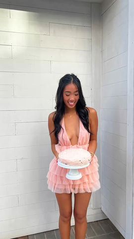Cute Deep V Neck Pink Homecoming Dress Pink Birthday Party Dress Y1941