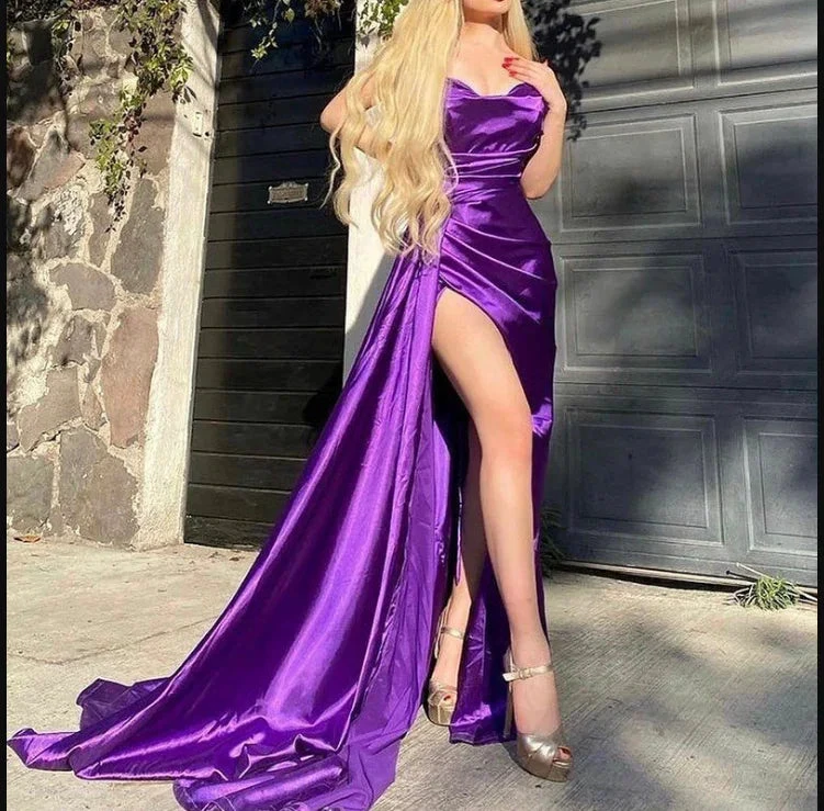 Sexy Purple Mermaid Satin Long Prom Dresses Side Slit Long Evening Dress Y1923 by simplepromdress