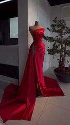 Red Asymmetrical Neckline Satin Pleated High Slit Evening Dress Charming Formal Gown Y379 by simplepromdress