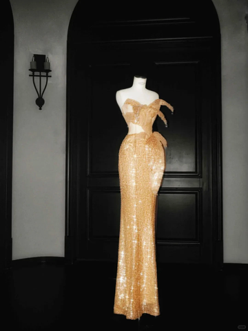 Sparkly Gold Sequin Strapless Mermaid Prom Dress Long Evening Dress Y8656 by simplepromdress