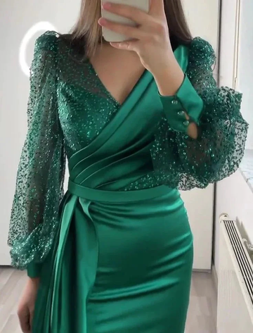 Dark Green Mermaid V Neck Satin Evening Dress Long Sleeves Y6109 by simplepromdress