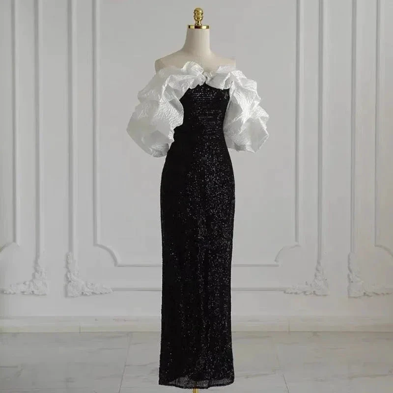 ZAPDRESS elegant black sequin evening gown with white ruffled off-shoulder sleeves