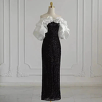 ZAPDRESS elegant black sequin evening gown with white ruffled off-shoulder sleeves