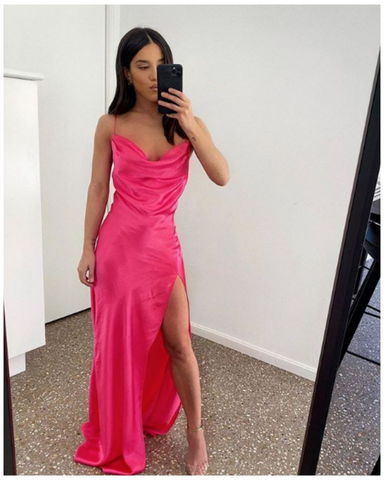 Vestido formal rosa intenso con cuello vuelto, vestido de noche largo Y3013