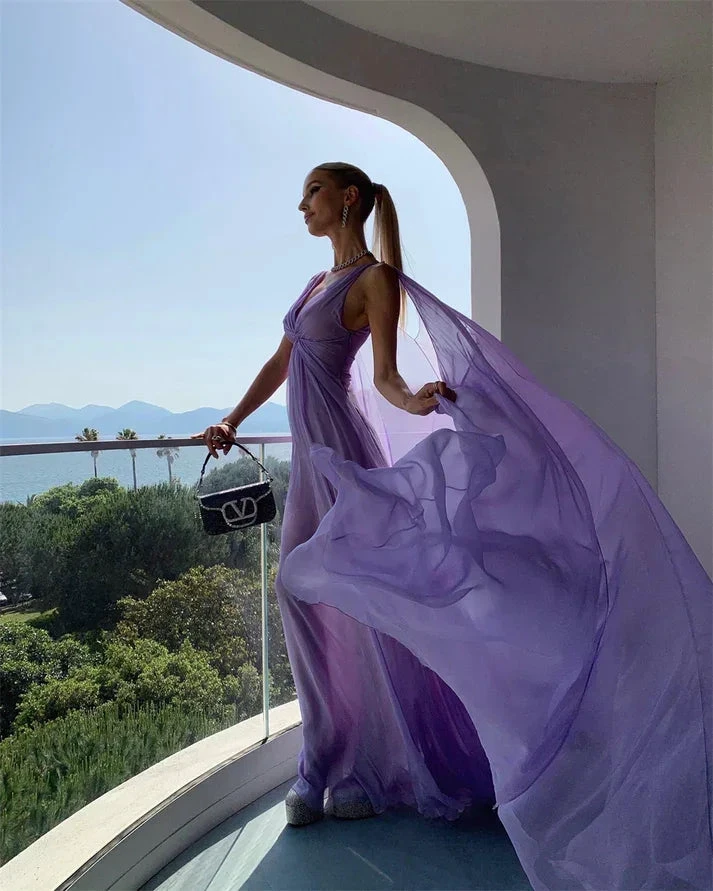 Simple Purple V Neck Tulle Prom Dress Long Evening Gown Y7774 by simplepromdress