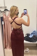 Long Formal Dress Womens Teal Strappy-back Satin Sleeveless Evening Dress Y2928 by simplepromdress
