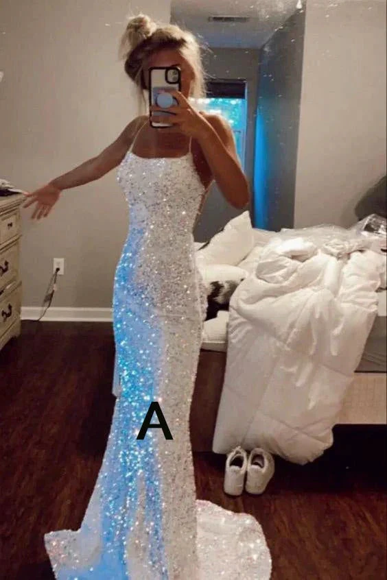 Sparkly Spaghetti Straps Mermaid White Sequin Prom Evening Dress Y8071 by simplepromdress