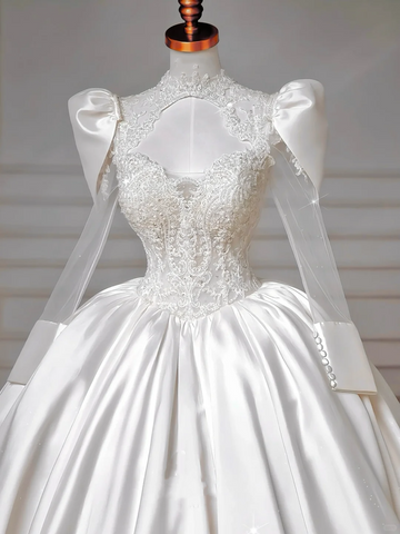 Hermoso vestido de novia de satén blanco con apliques de encaje, corte A, vestido de fiesta formal Y8607