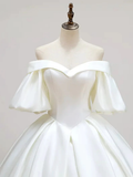 Simple Off-Shoulder Short Sleeves Wedding Dress Satin Chapel Train Ball Gown Bridal Dress Y2388 by simplepromdress