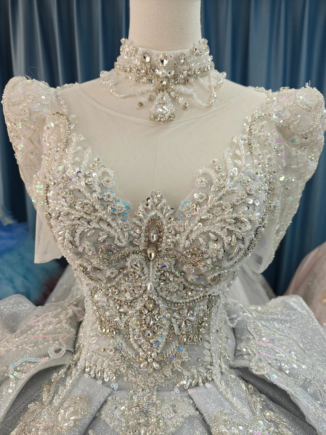 Silver Glitz Cap-Sleeve Ballgown Iridescent Beaded Bust &amp; Sculptural Tiered Skirt by ZAPDRESS