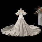 Romantic White Satin Off-the-Shoulder Puff Sleeve Ball Gown Wedding Dress SW192