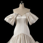 Romantic White Satin Off-the-Shoulder Puff Sleeve Ball Gown Wedding Dress SW192
