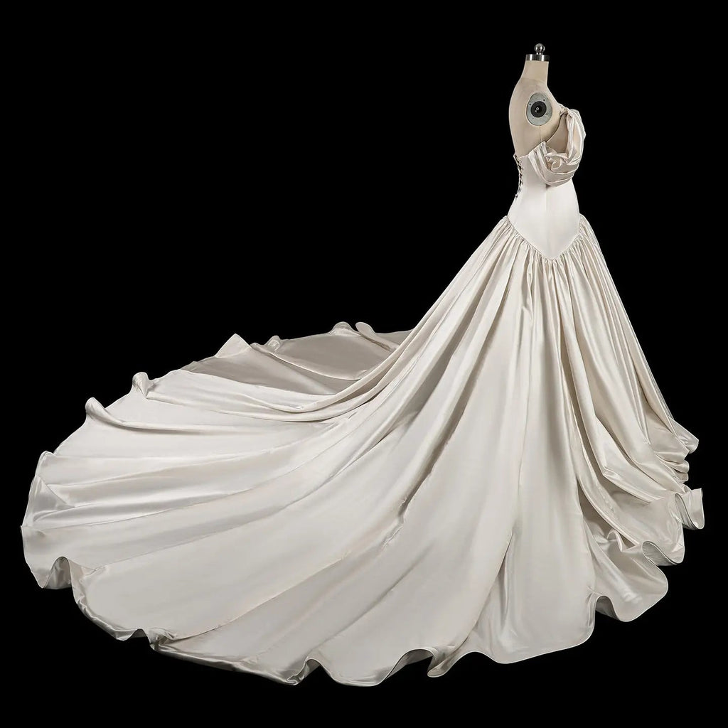 Romantic White Satin Off-the-Shoulder Puff Sleeve Ball Gown Wedding Dress SW192