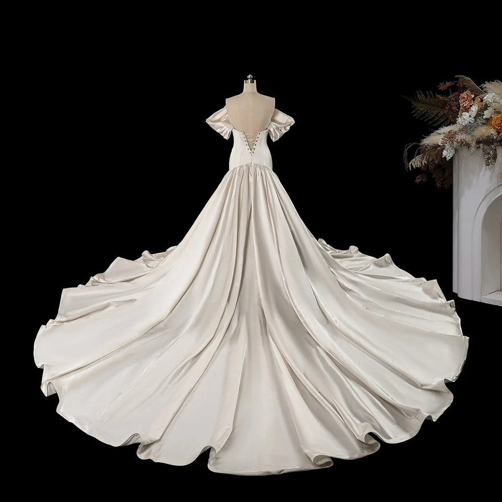 Romantic White Satin Off-the-Shoulder Puff Sleeve Ball Gown Wedding Dress SW192