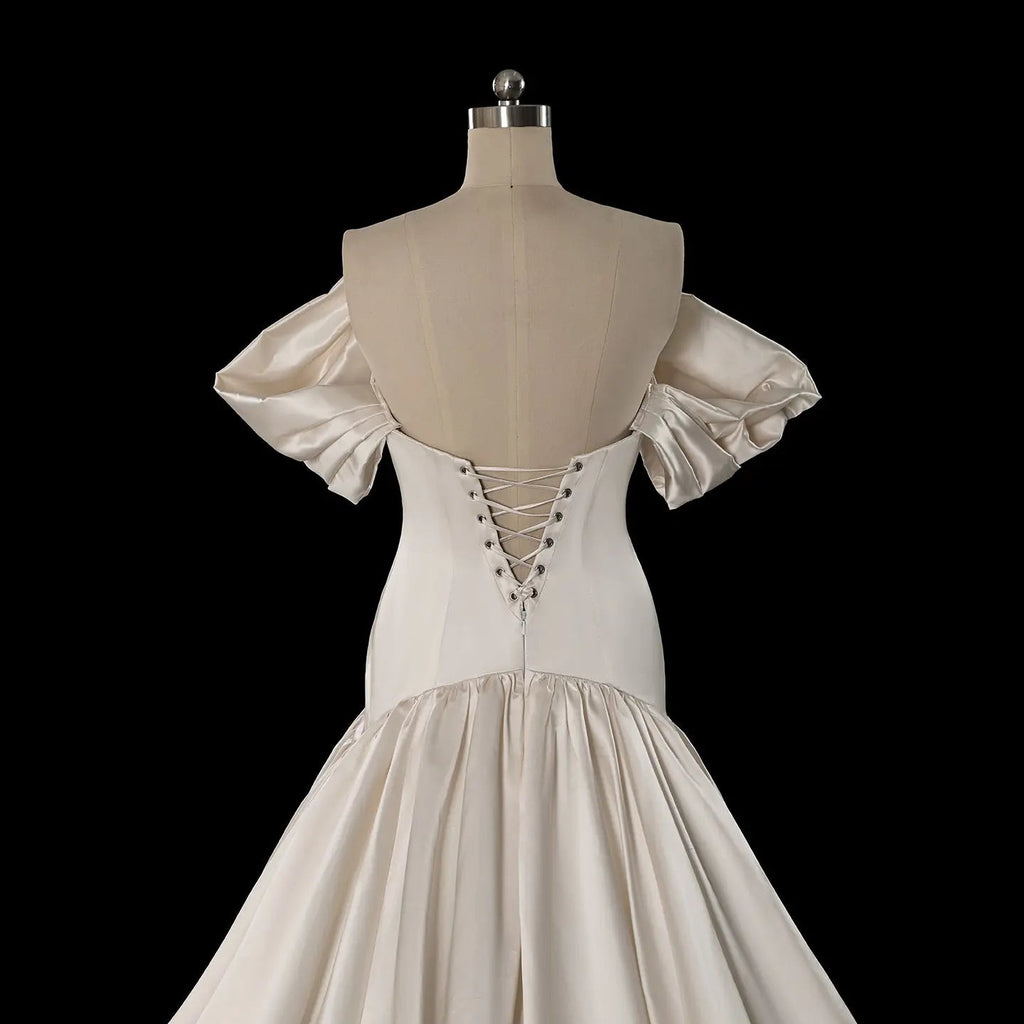 Romantic White Satin Off-the-Shoulder Puff Sleeve Ball Gown Wedding Dress SW192