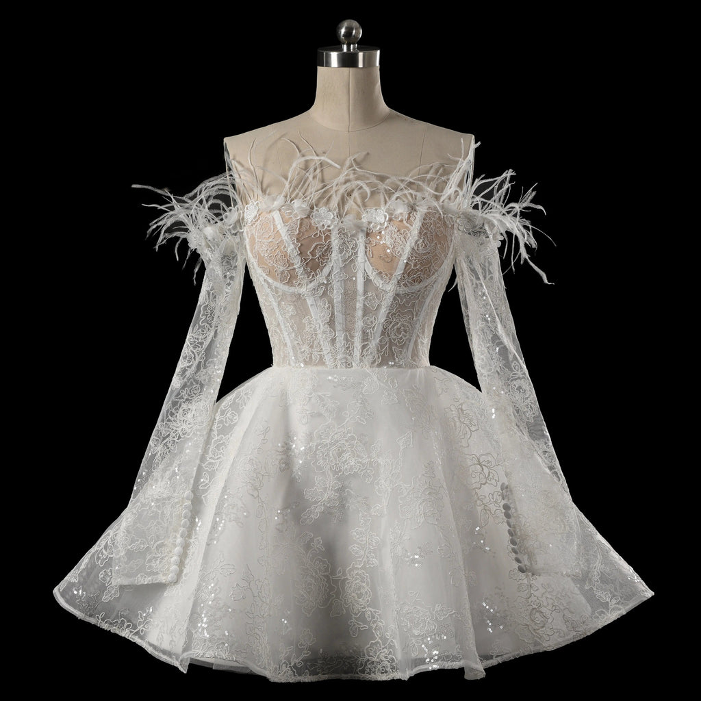 Elegant White Off-Shoulder Feather Lace Corset Mini Wedding Dress SW717