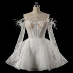 Elegant White Off-Shoulder Feather Lace Corset Mini Wedding Dress SW717