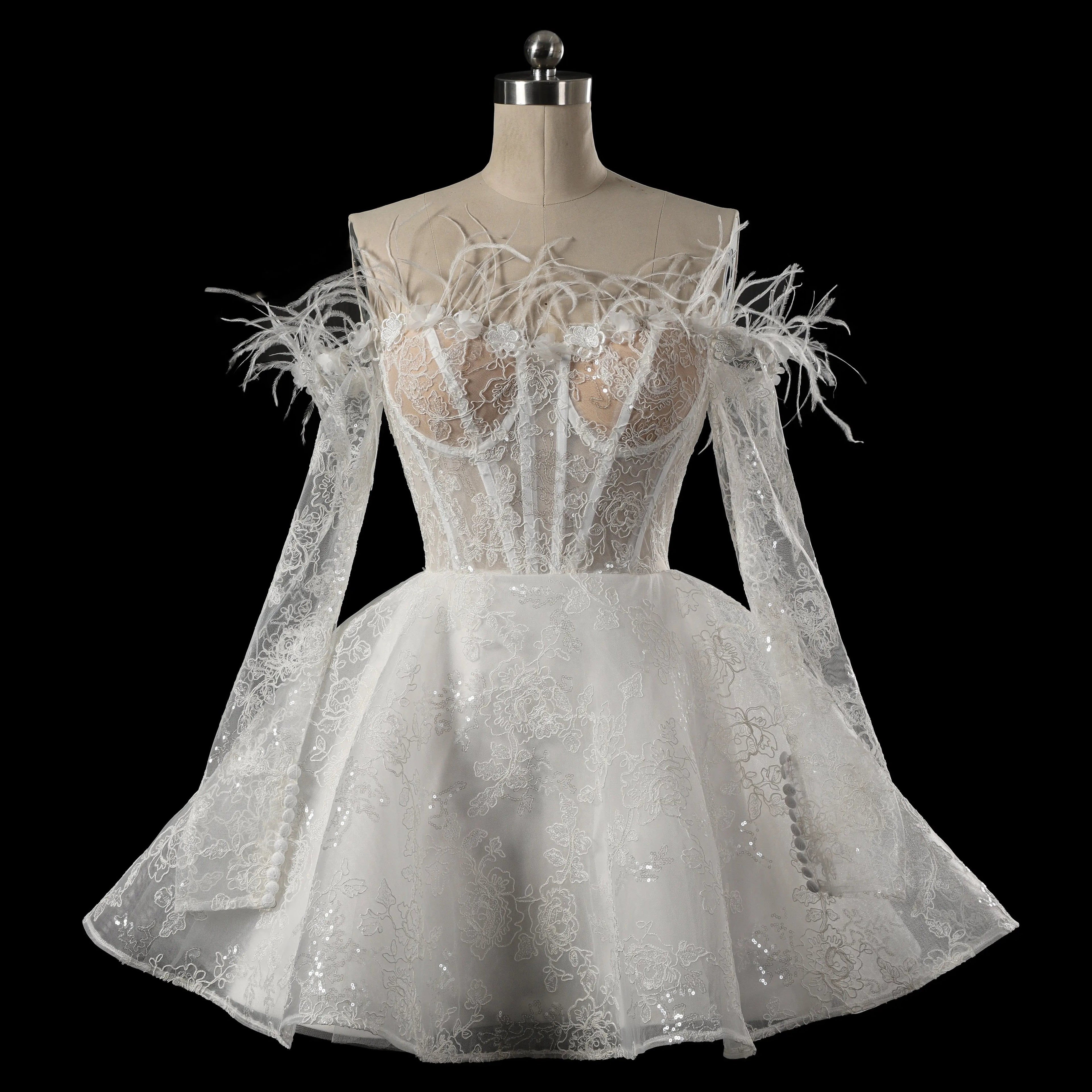 Elegant White Off-Shoulder Feather Lace Corset Mini Wedding Dress SW717