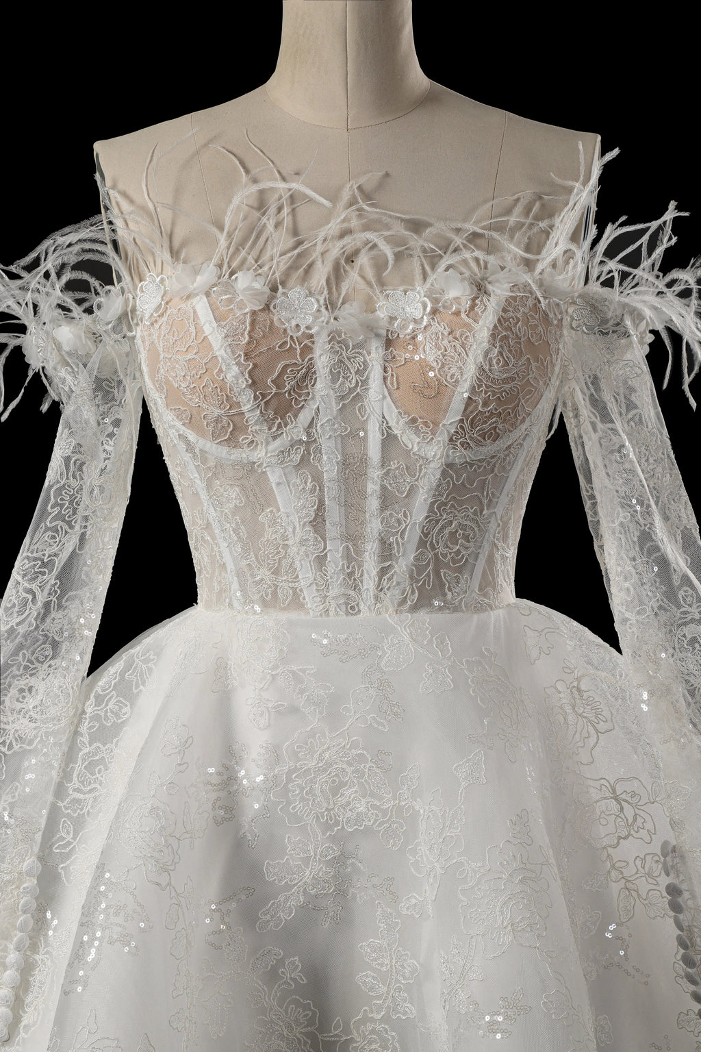 Elegant White Off-Shoulder Feather Lace Corset Mini Wedding Dress SW717