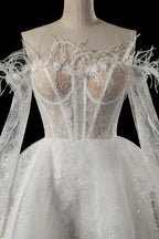 Elegant White Off-Shoulder Feather Lace Corset Mini Wedding Dress SW717