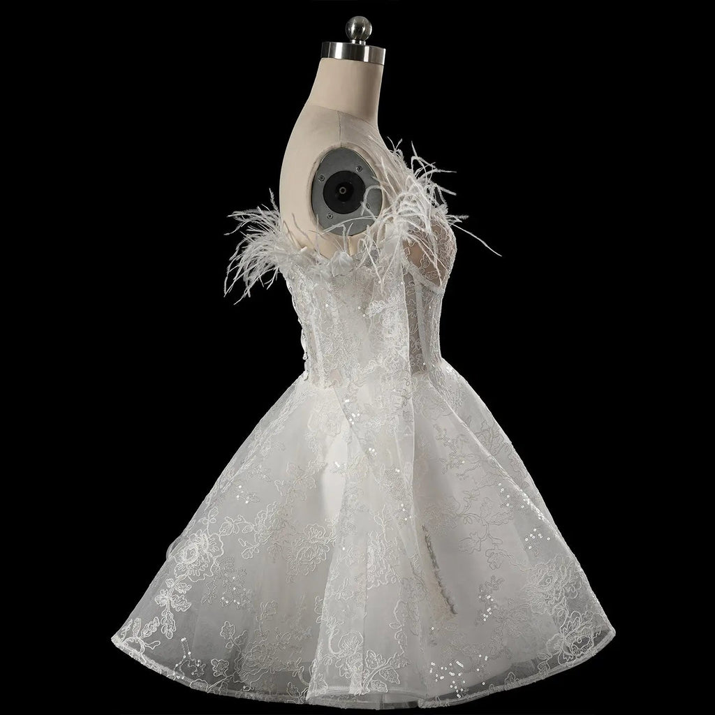 Elegant White Off-Shoulder Feather Lace Corset Mini Wedding Dress SW717