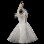 Elegant White Off-Shoulder Feather Lace Corset Mini Wedding Dress SW717